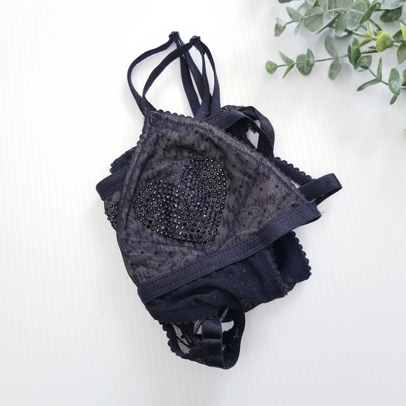 VICTORIA'S SECRET Very Sexy Black Mesh Heart Rhinestones Teddy Size Small - Picture 14 of 16